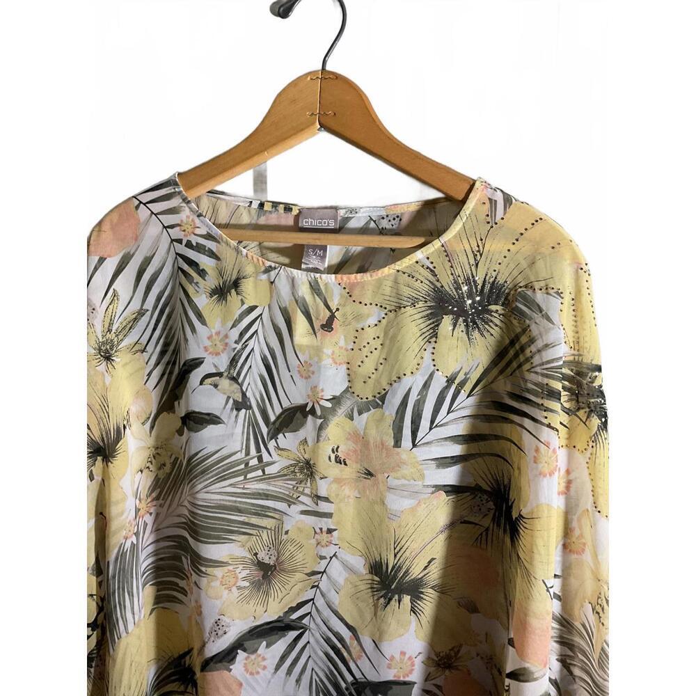 Chico's Floral Tropical Vacation Print Sheer Blouse S/M - Picture 3 of 8